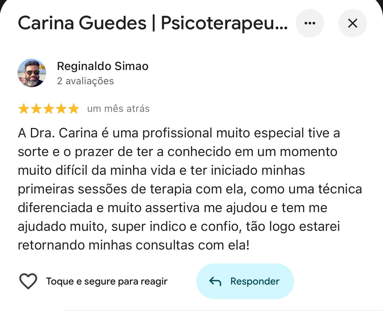 Print de avaliação 5 estrelas no Google sobre Carina Guedes (1)