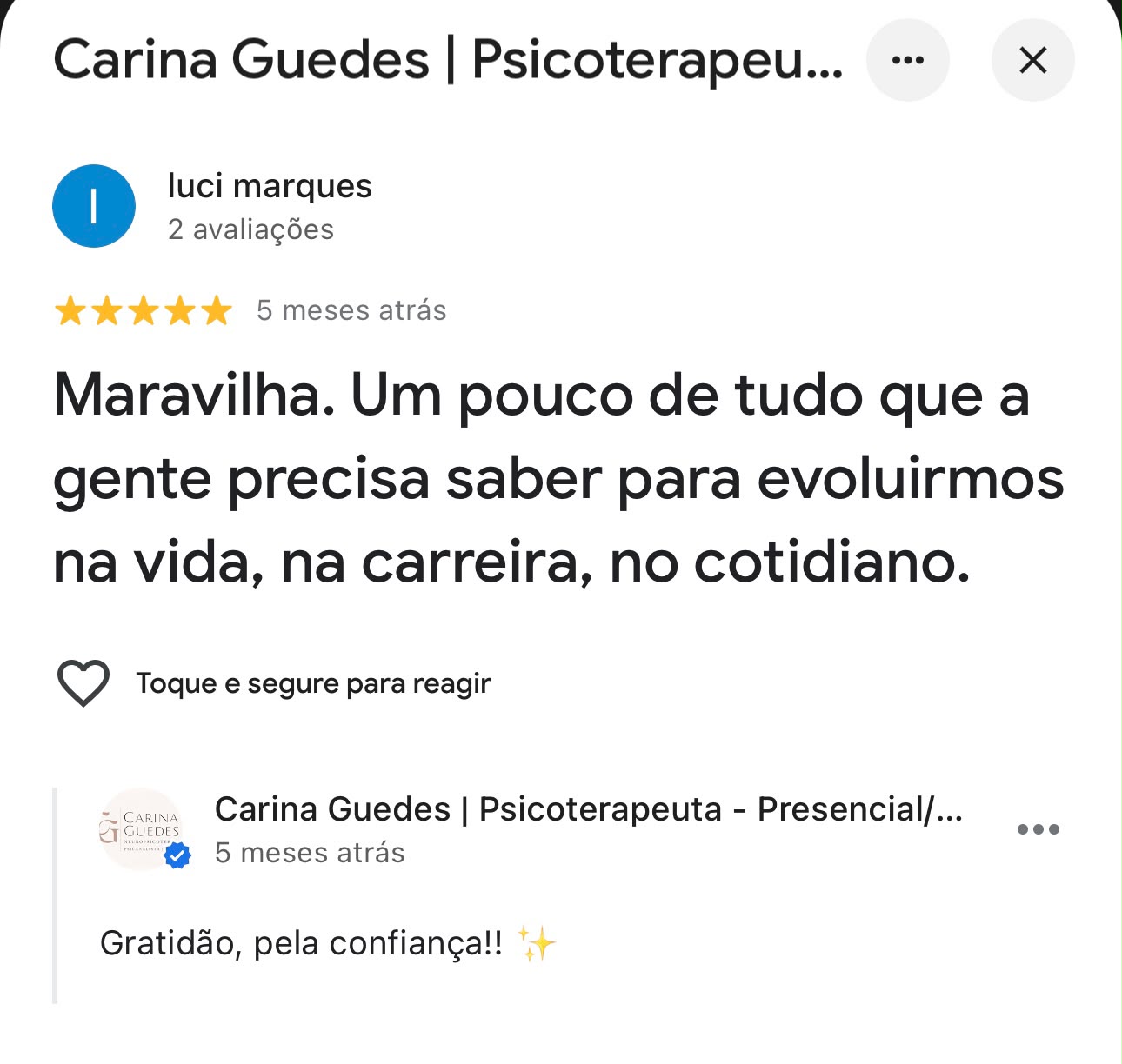 Print de avaliação 5 estrelas no Google sobre Carina Guedes (14)