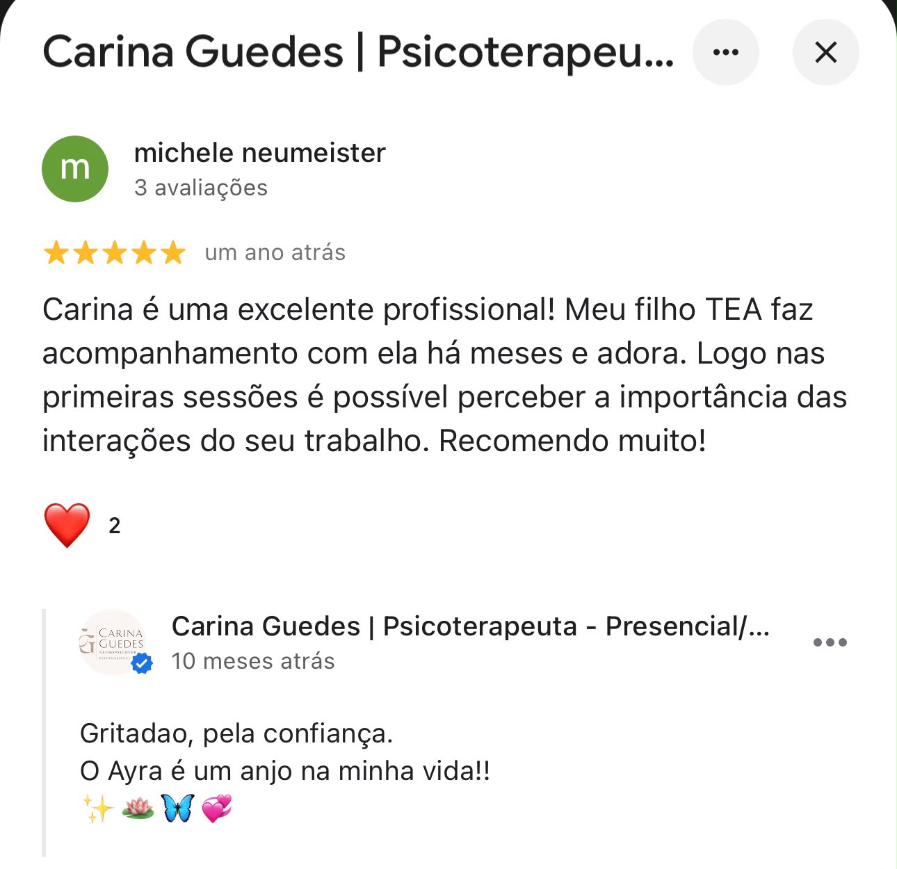 Print de avaliação 5 estrelas no Google sobre Carina Guedes (4)